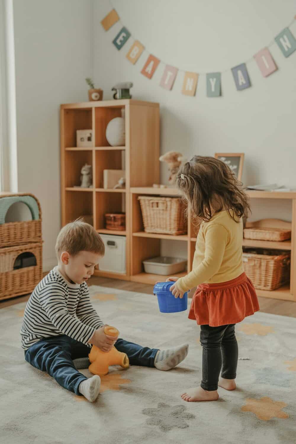 Two children playing with toys on a rug in a tidy room.