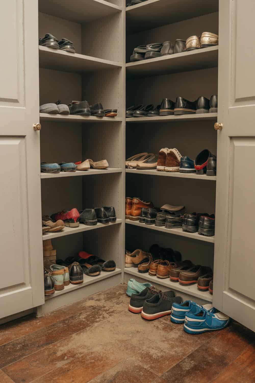 A closet with various pairs of shoes on shelves, showing dust accumulation on the floor.
