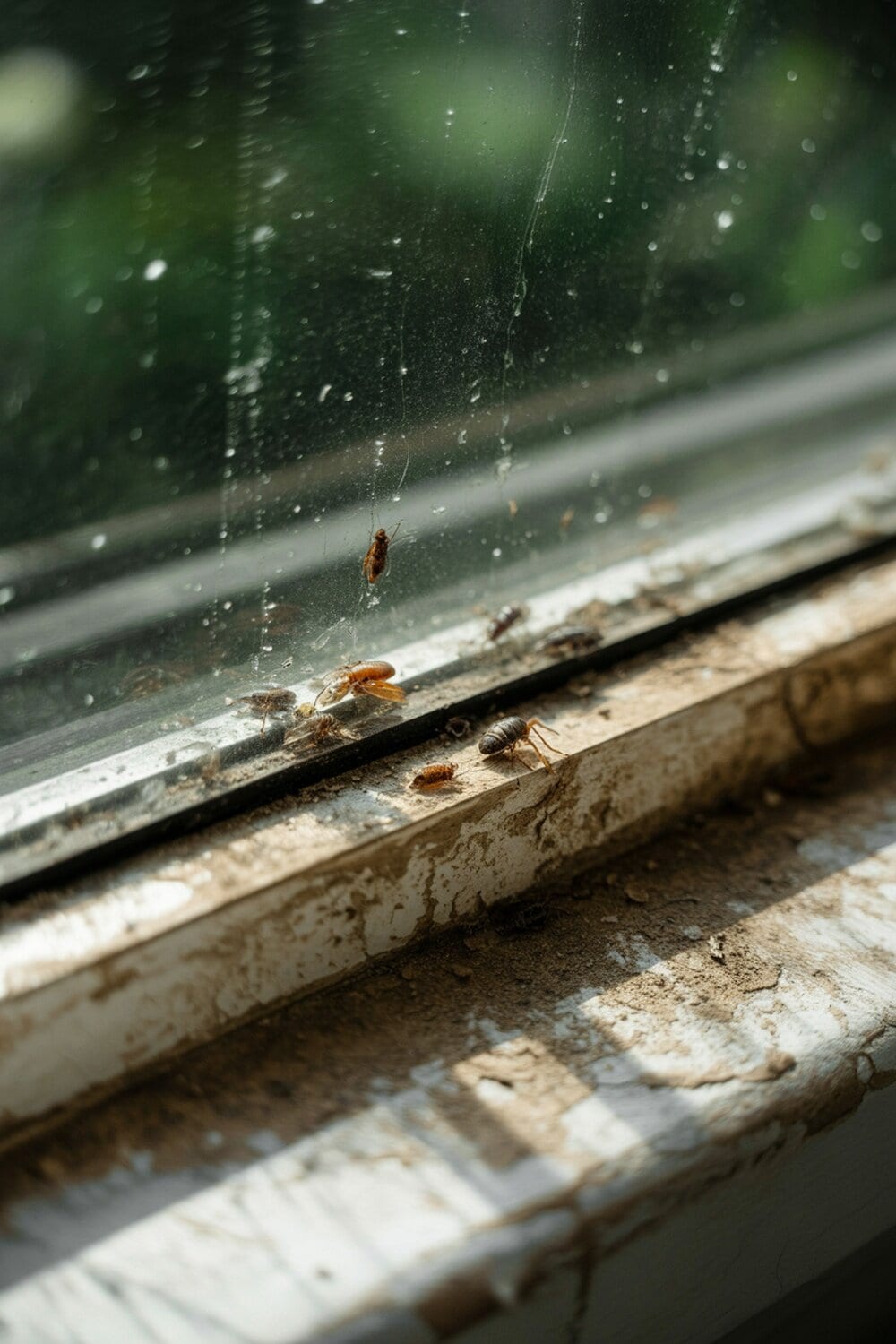 Dirty window sill with dust and small insects.