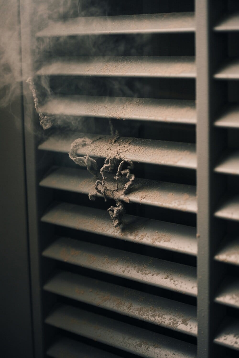 Close-up of dusty air vent slats with visible dust buildup.