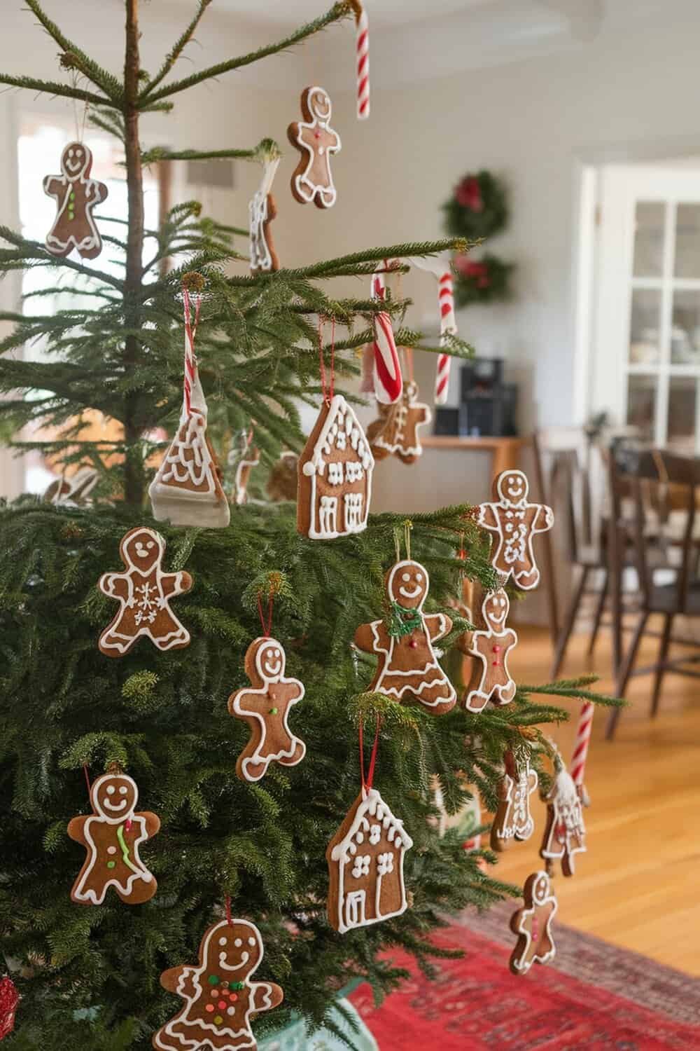 Homemade gingerbread ornaments hanging on a Christmas tree
