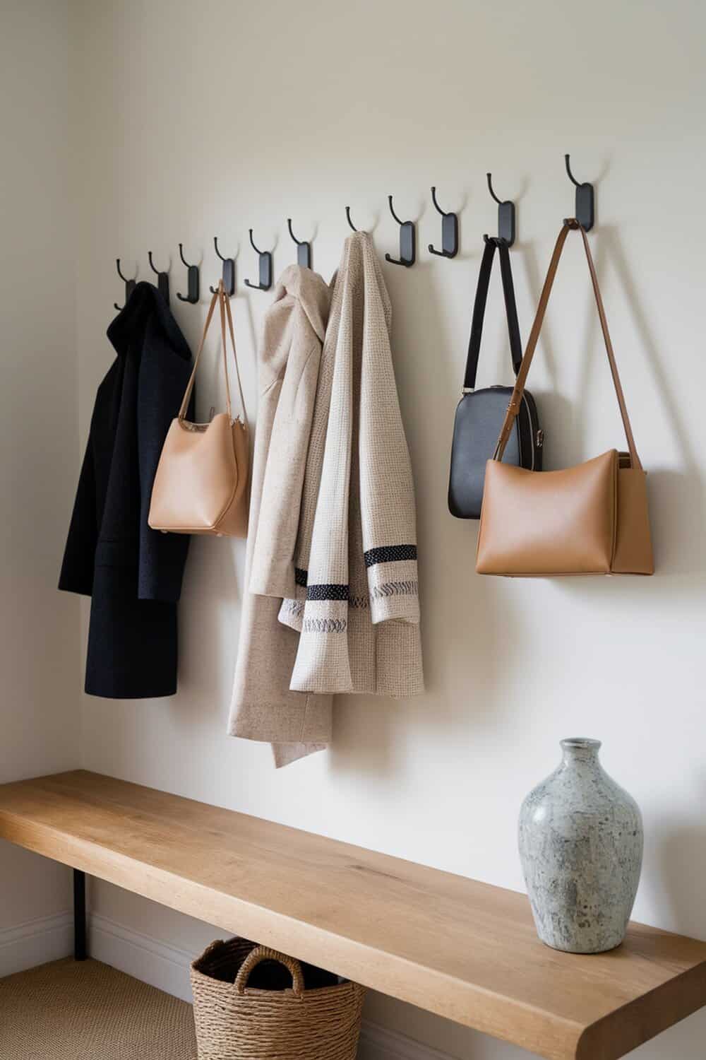 Wall-mounted hooks displaying coats and bags in a mudroom