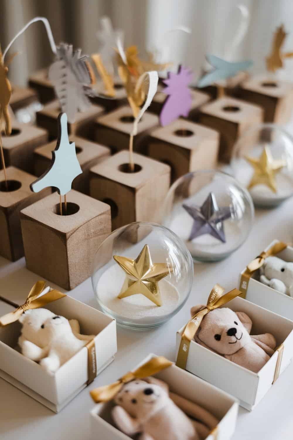 A display of New Year’s Eve party favors including plush toys and decorative glass ornaments.