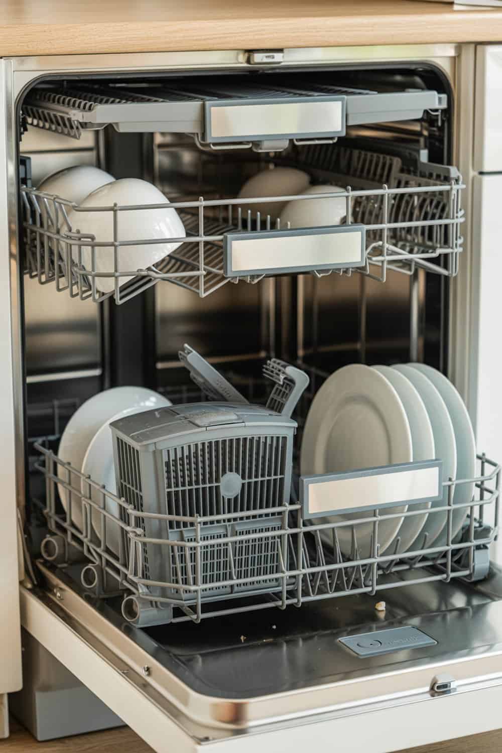An open dishwasher filled with clean dishes and a filter.