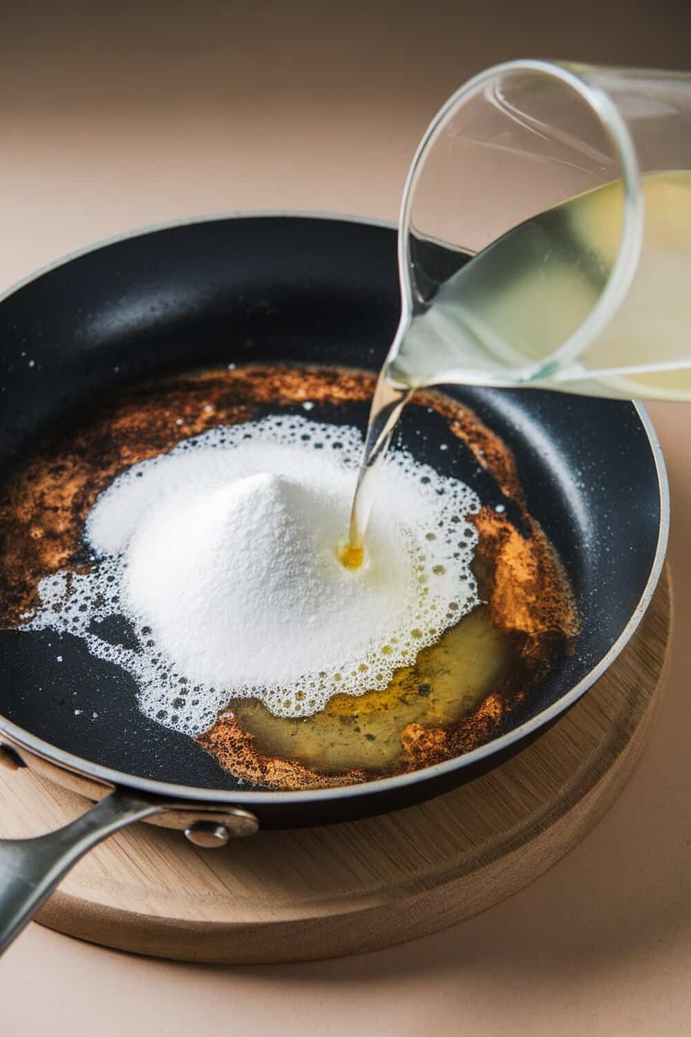 A pan with burnt residue, baking soda being poured in, and vinegar creating a fizzing reaction.