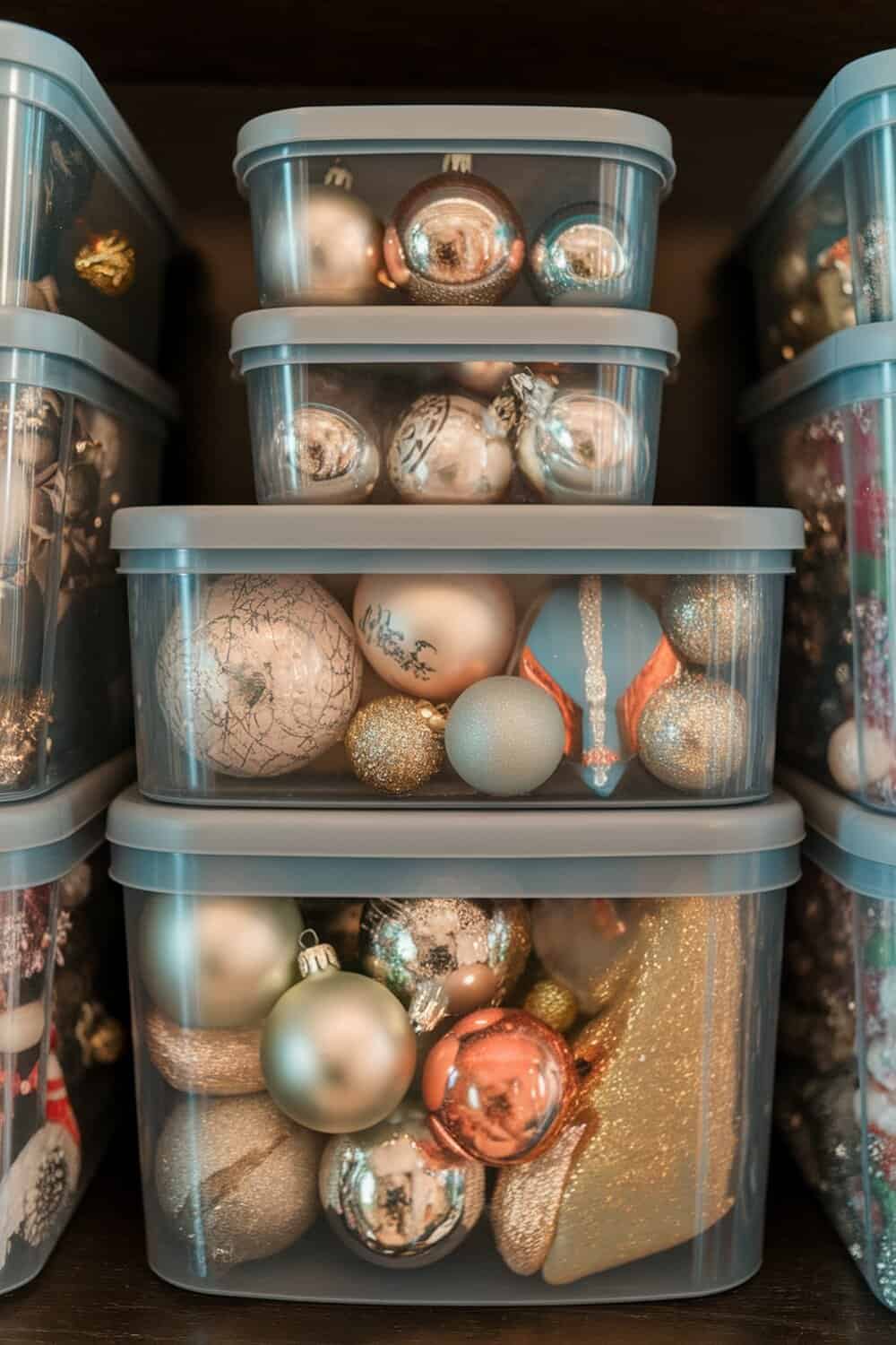 Stacked clear containers filled with Christmas ornaments.