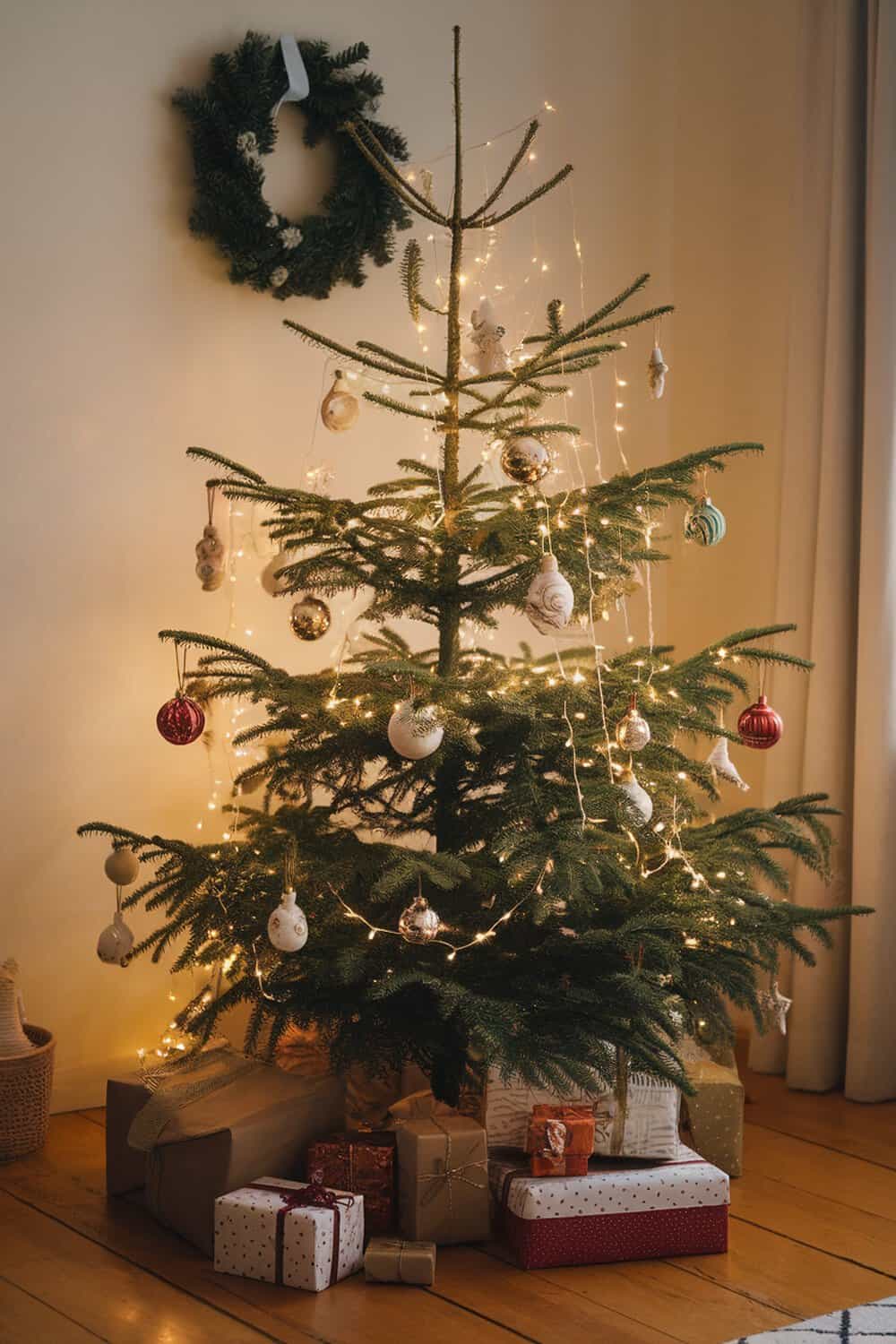 A beautifully decorated Christmas tree with string lights and ornaments.