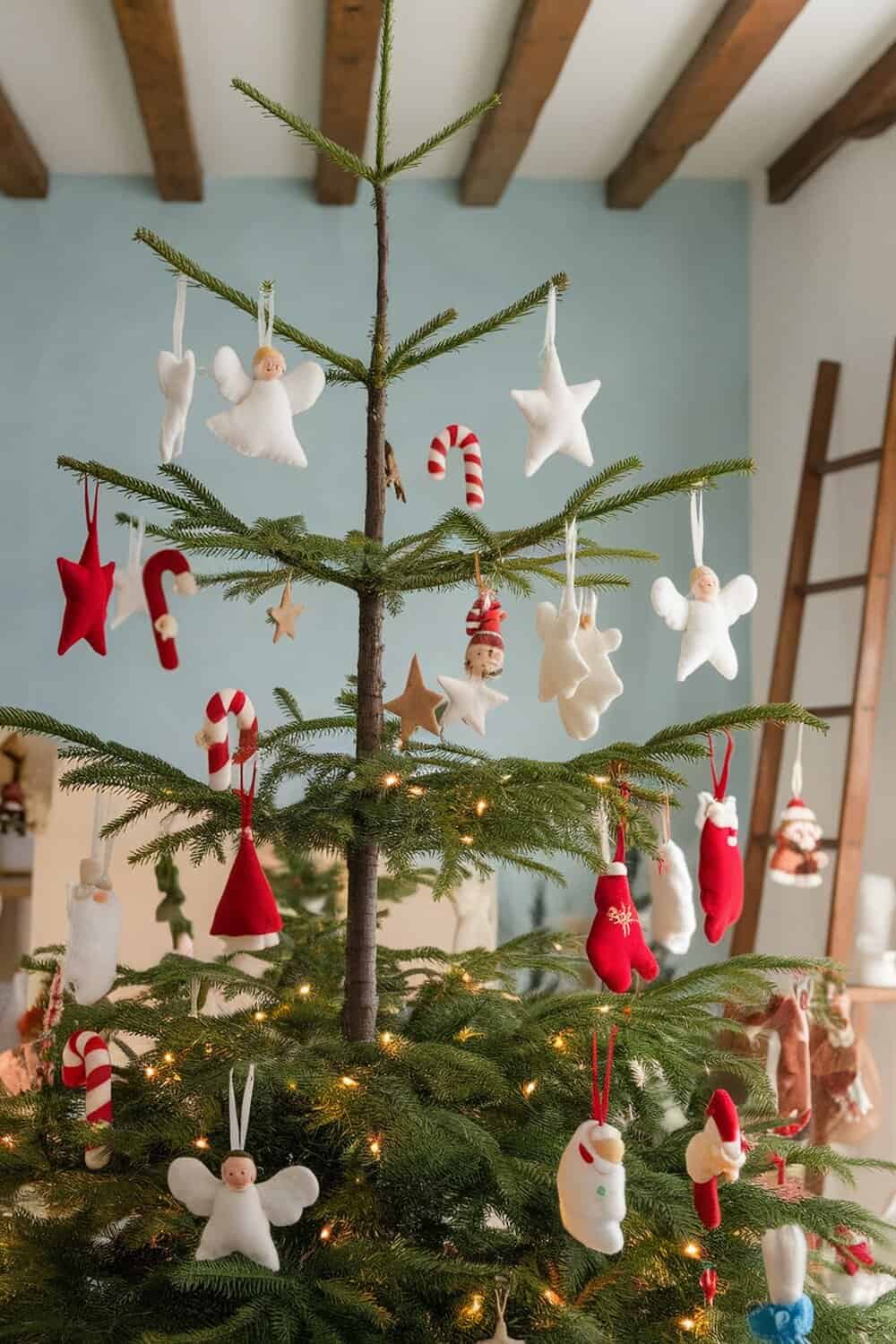 A Christmas tree adorned with various felt decorations including angels, stars, and candy canes.