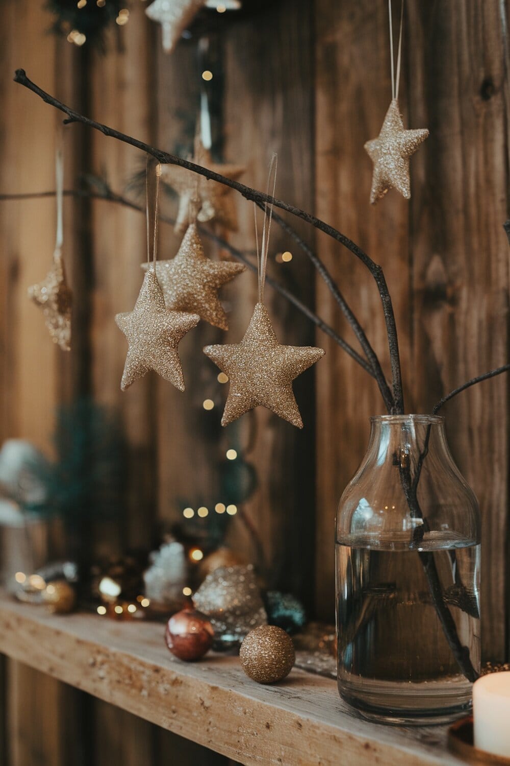 Glittery star ornaments hanging from a branch with decorative items in the background.