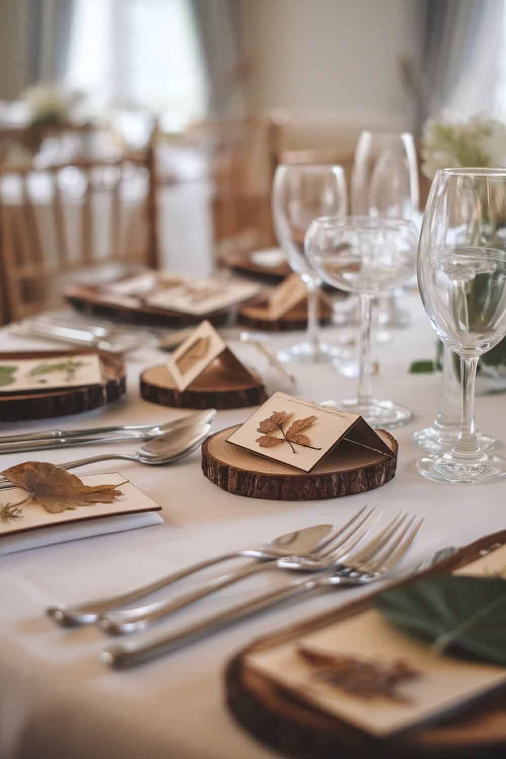 A beautifully set Christmas table with personalized place cards featuring dried leaves.