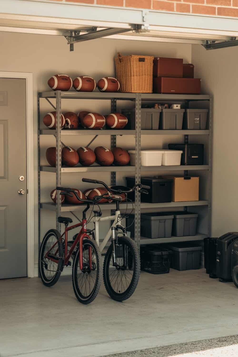 A garage with sports equipment including footballs and bicycles neatly stored on shelves.