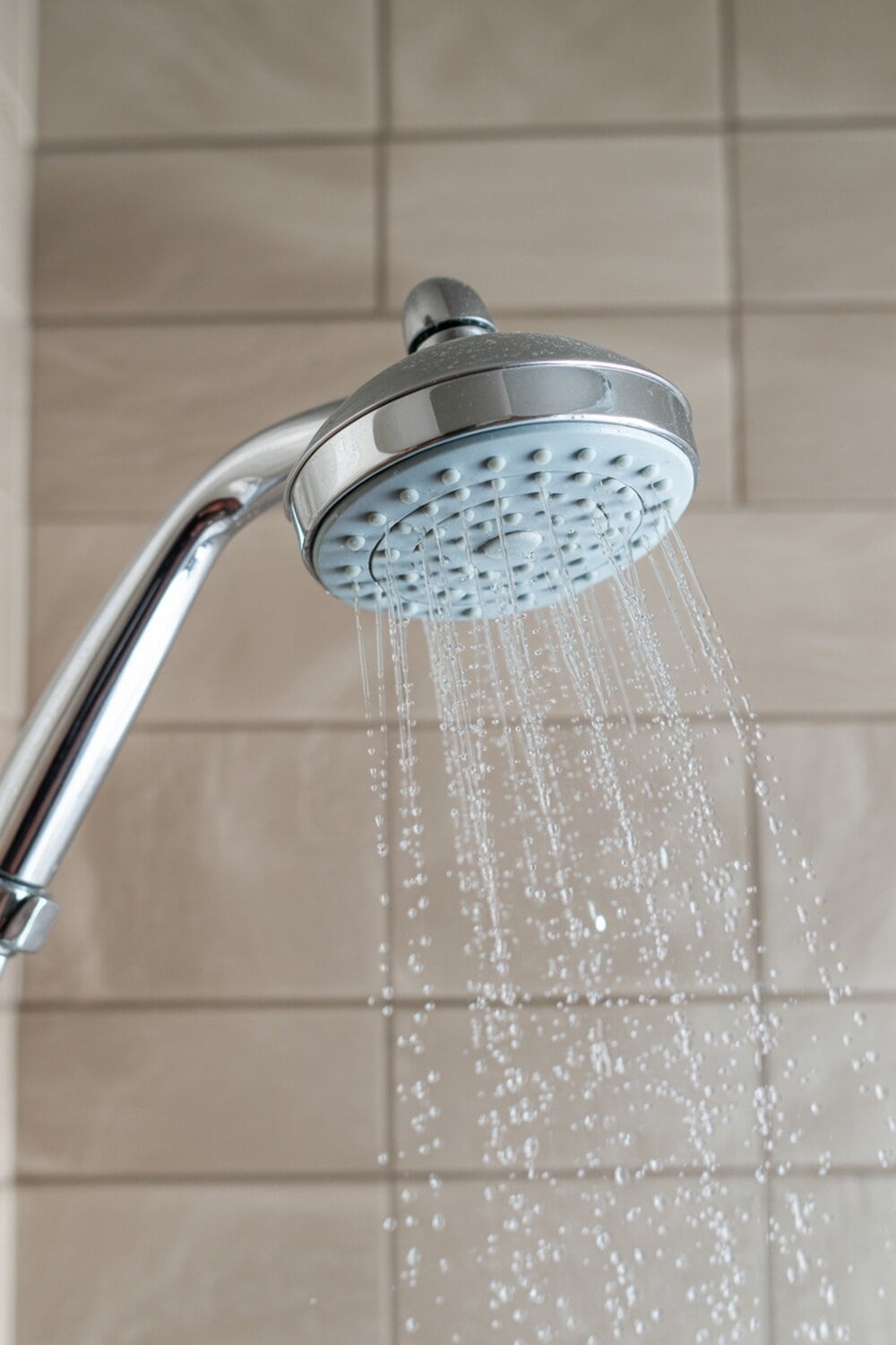Close-up of a showerhead with water flowing from it.
