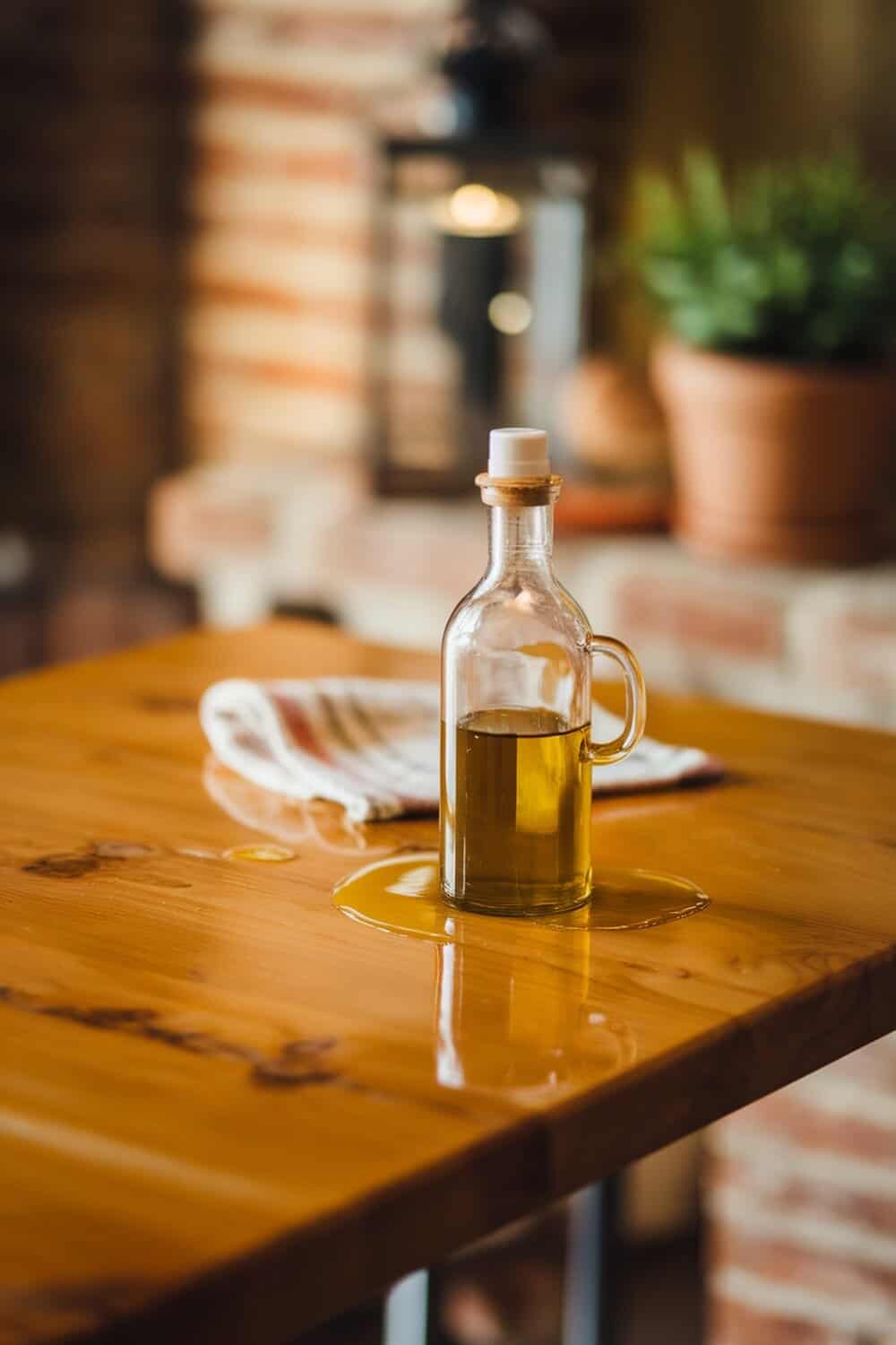 A bottle of olive oil on a wooden table with a cloth nearby.