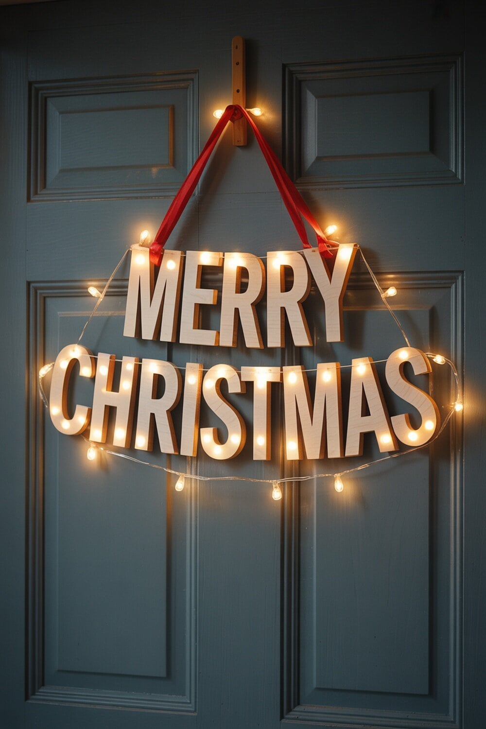 A light-up Christmas sign that says 'Merry Christmas' hanging on a blue door.