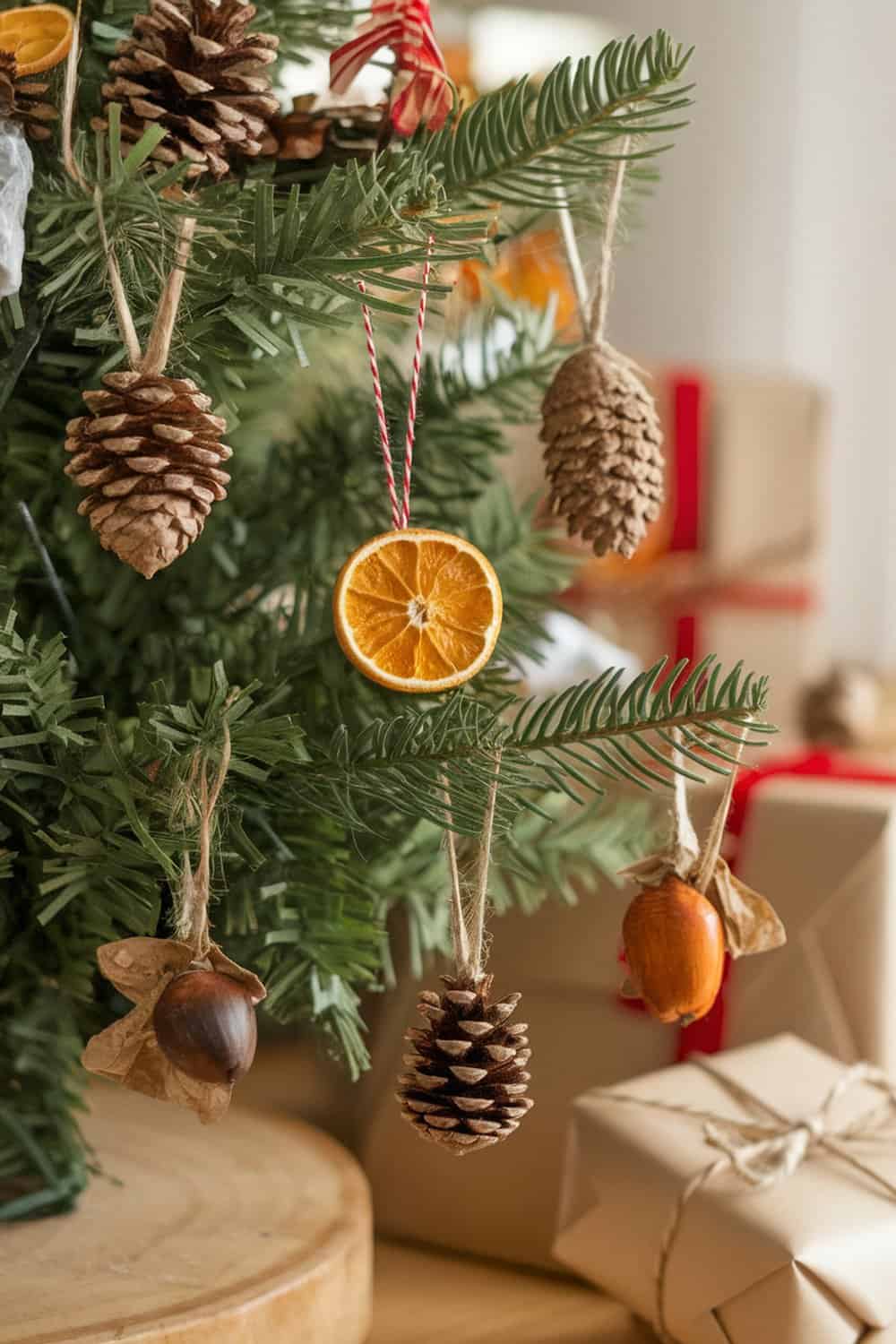 Eco-friendly Christmas tree decorations made from pine cones and dried orange slices.