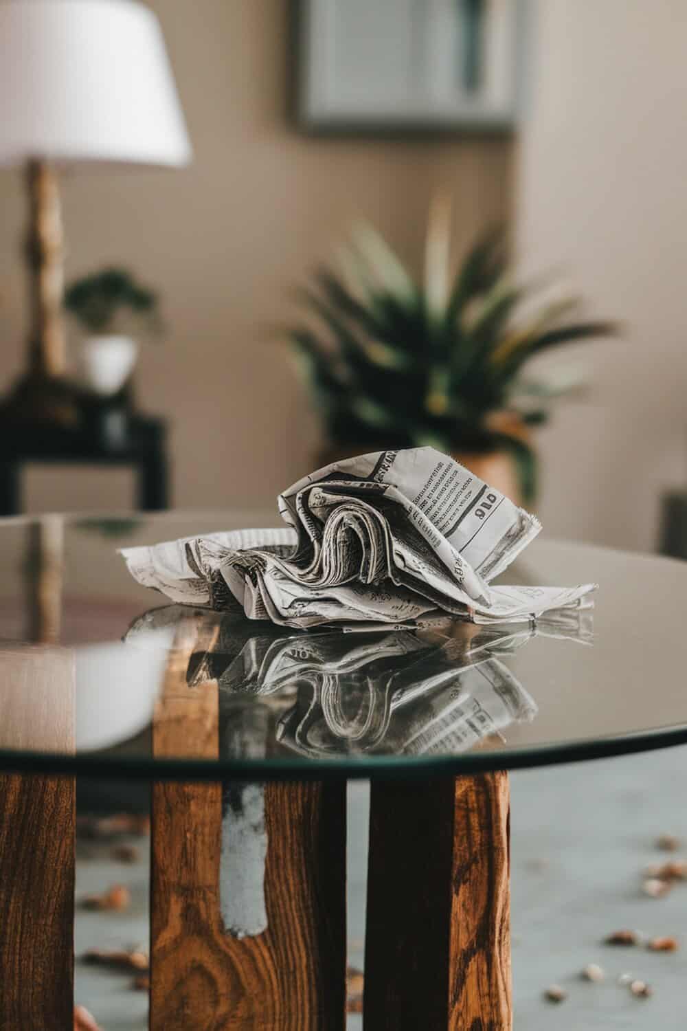 Crumpled newspaper on a glass tabletop with wooden legs.
