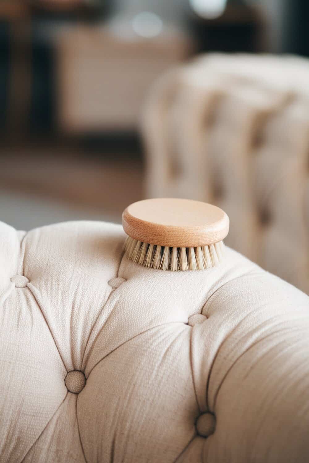A soft brush resting on a tufted fabric couch.