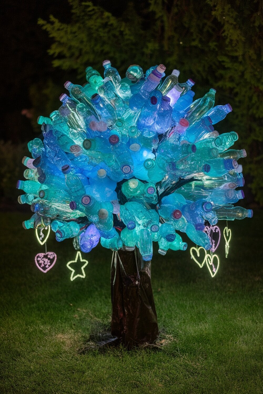 A glowing tree made from recycled plastic bottles, illuminated with colorful lights.