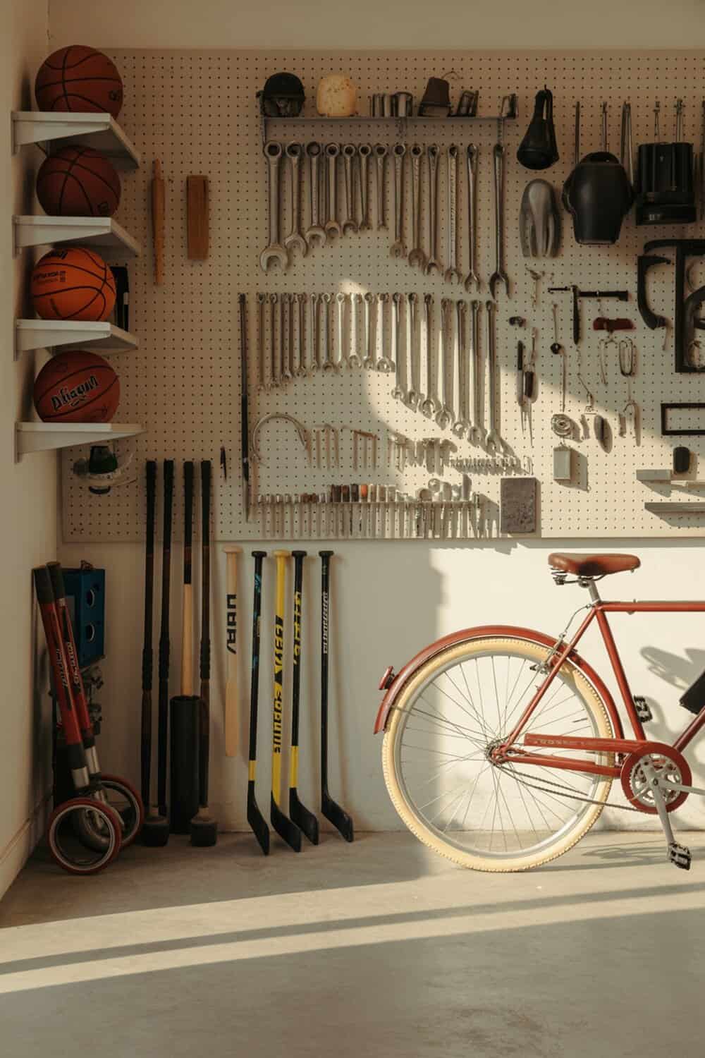 A well-organized garage with tools and sports equipment on display.