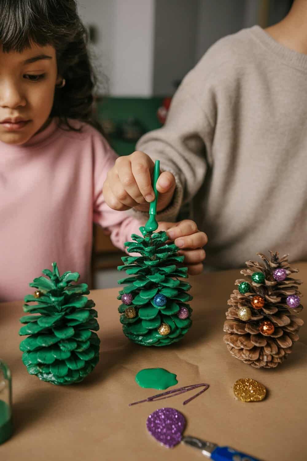 Children decorating pinecone Christmas trees with paint and glitter.