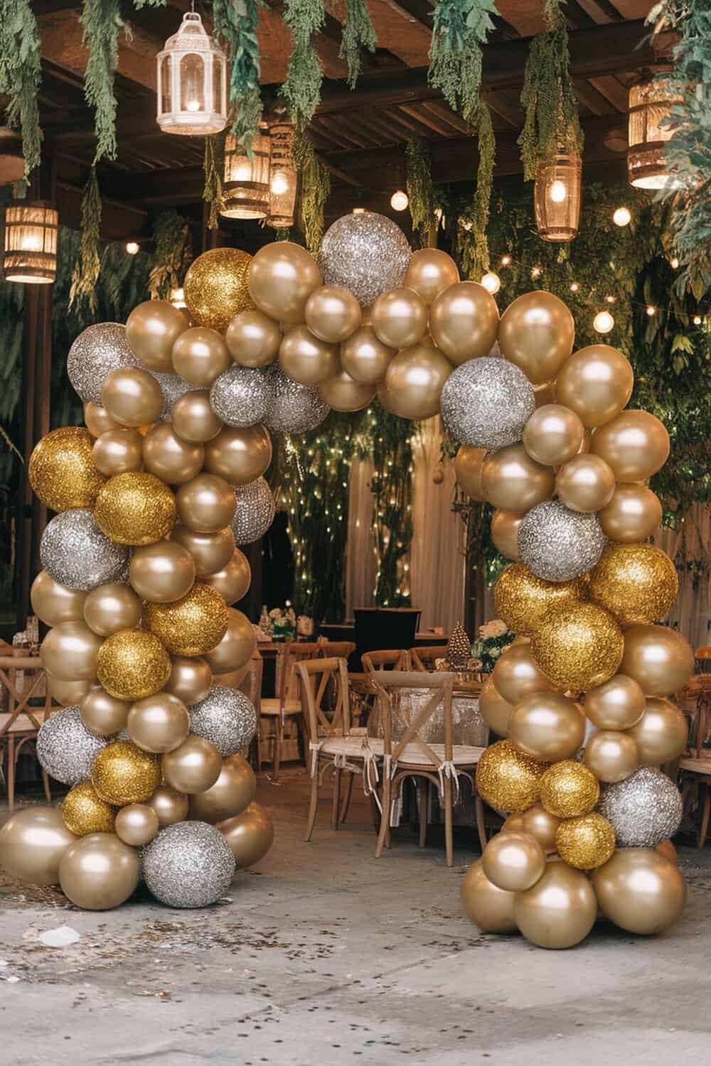 A glittering balloon arch made of gold and silver balloons, creating a festive entrance.