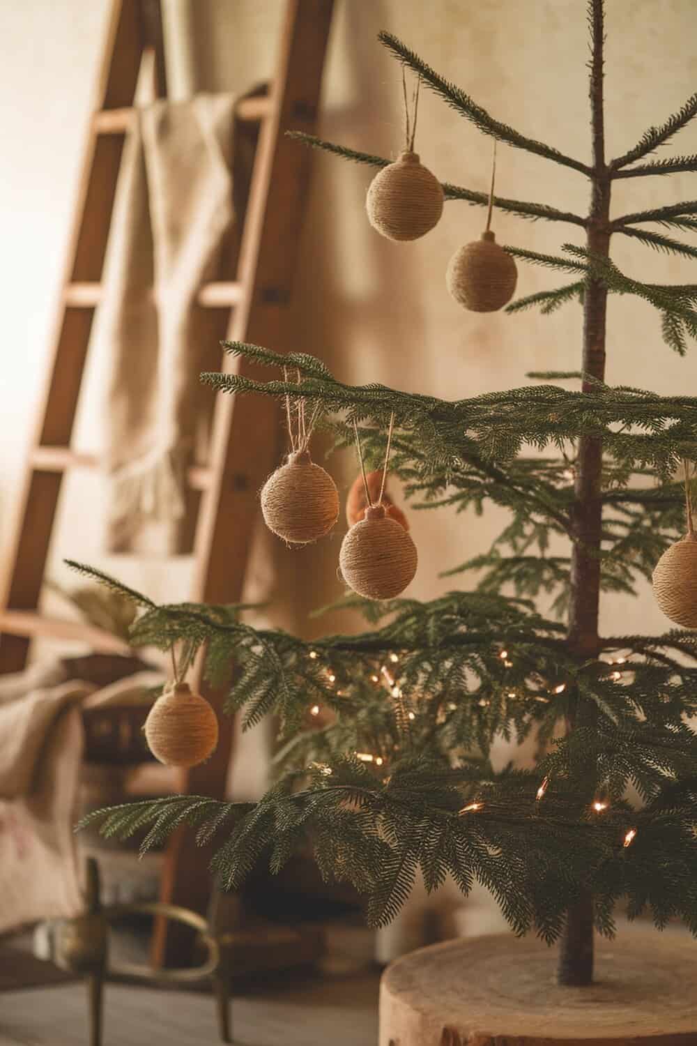 A Christmas tree decorated with twine-wrapped baubles, showcasing a rustic feel.