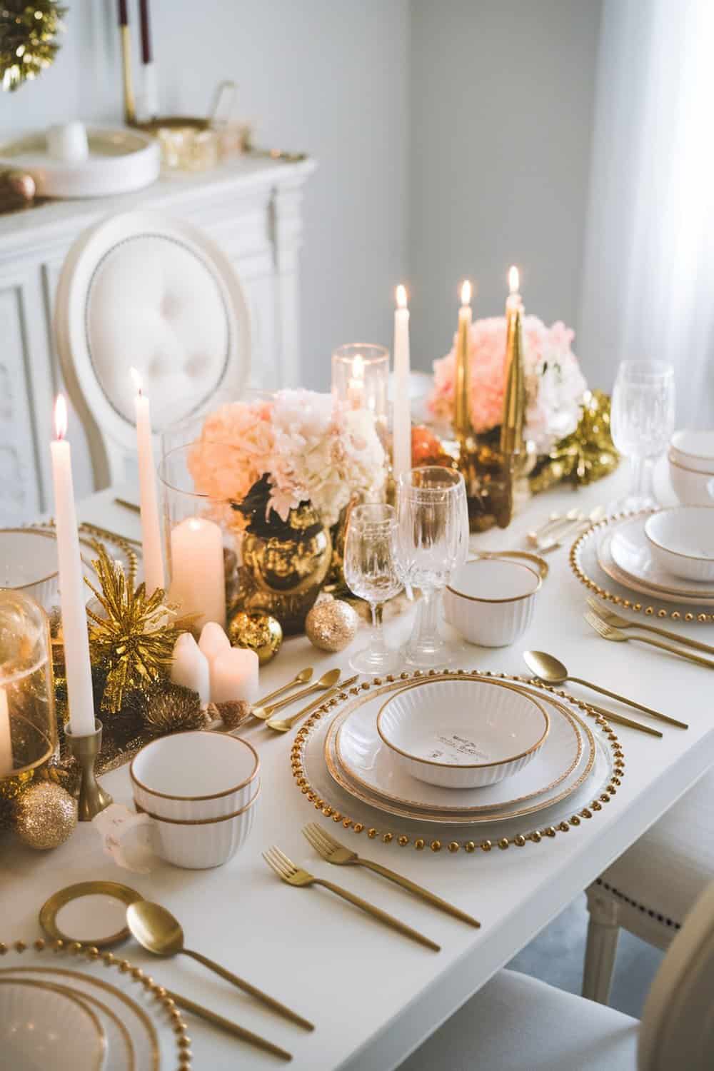 A beautifully set table with gold accents, featuring candles, flowers, and elegant dishware.