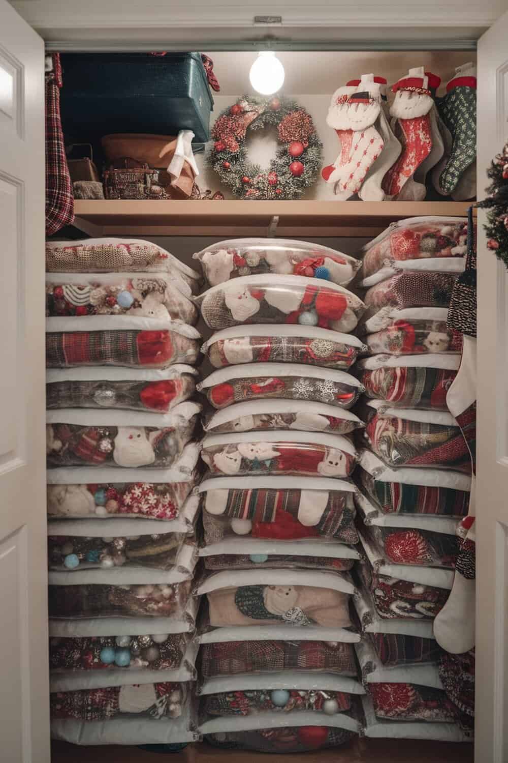A closet filled with vacuum-sealed bags containing Christmas decorations.