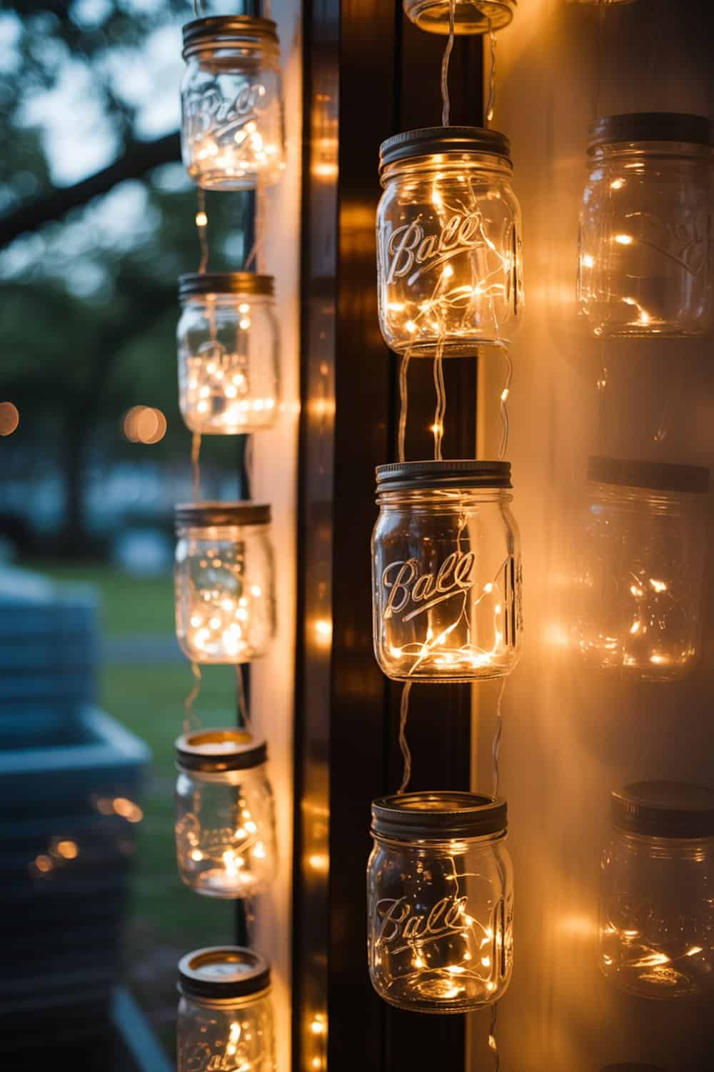 Mason jar lanterns filled with fairy lights hanging on a wall.