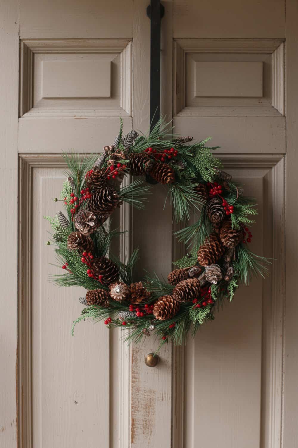 A rustic wreath made of pinecones and greenery hanging on a door.