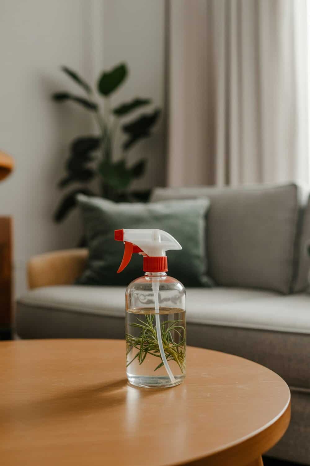 A spray bottle filled with a homemade air freshener mixture, placed on a wooden table in a cozy living room.