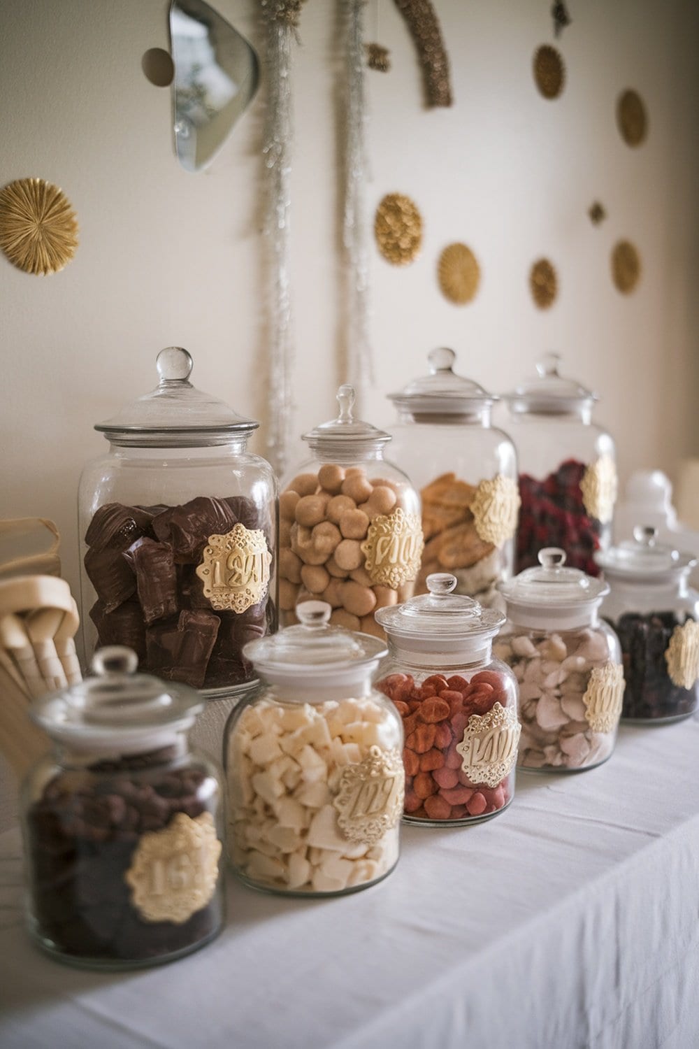 A display of glass jars filled with various treats, labeled with numbers for a countdown.
