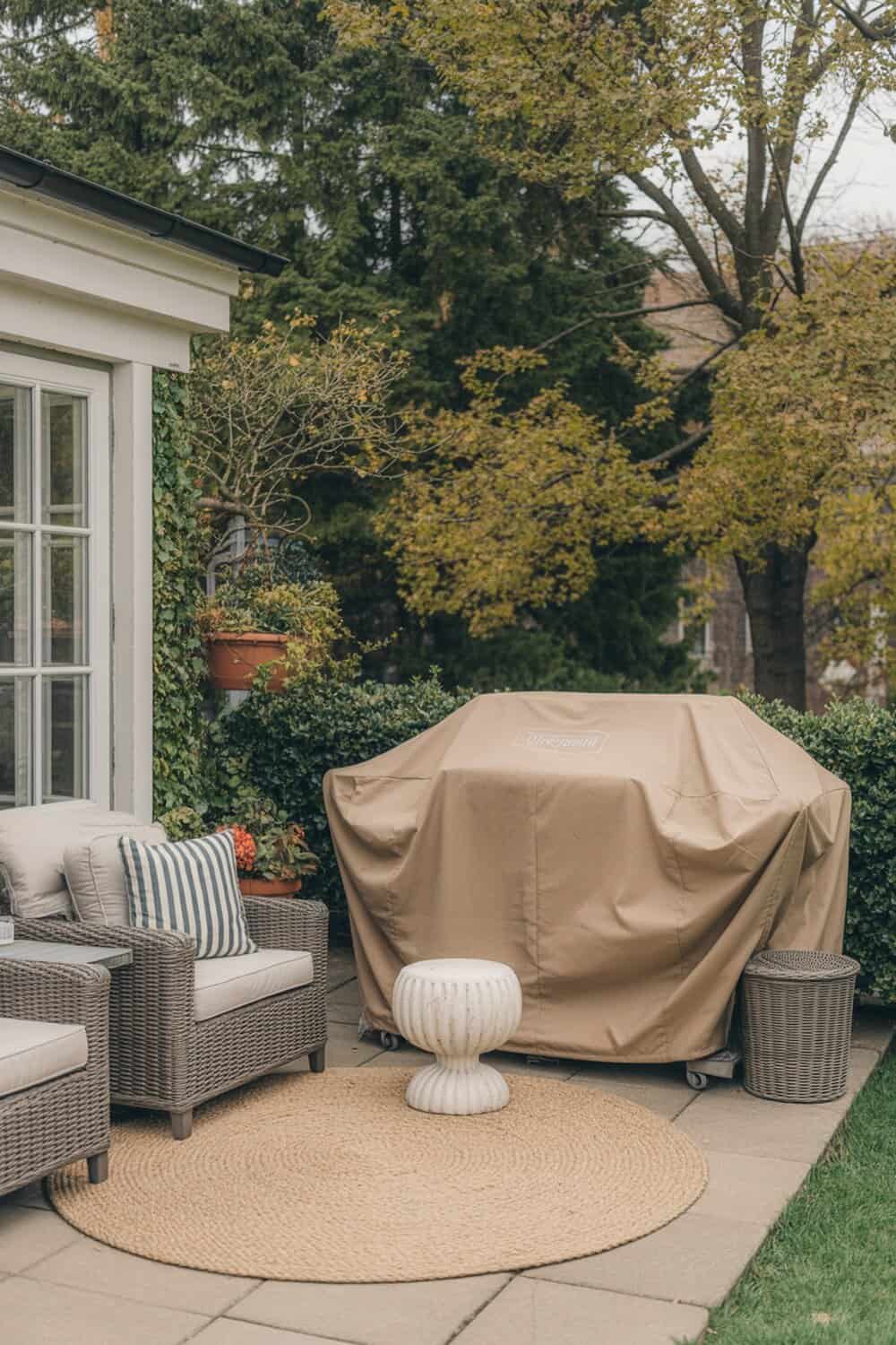Cozy outdoor seating area with a covered grill and decorative elements.