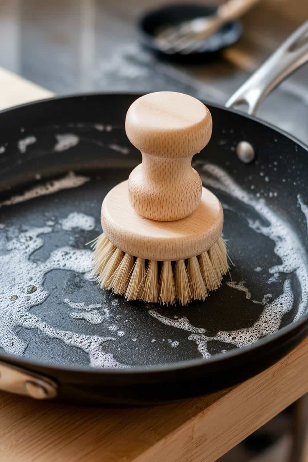 A natural bristle brush resting on a soapy burnt pan.
