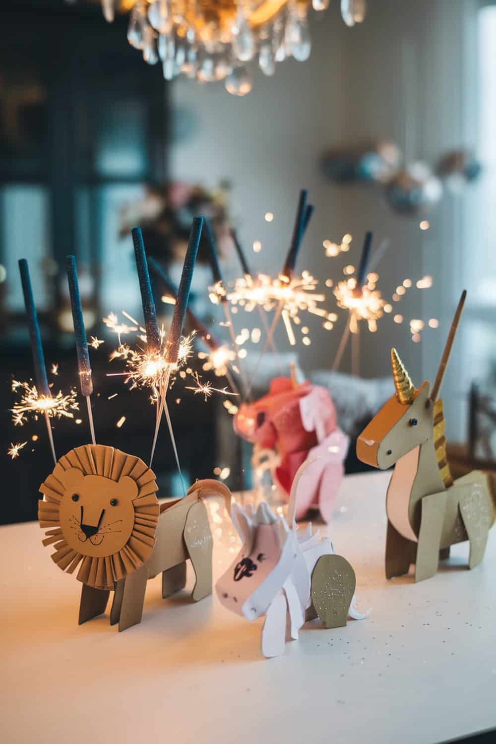 Colorful DIY sparkler holders shaped like animals, including a lion and unicorn, with sparklers glowing.