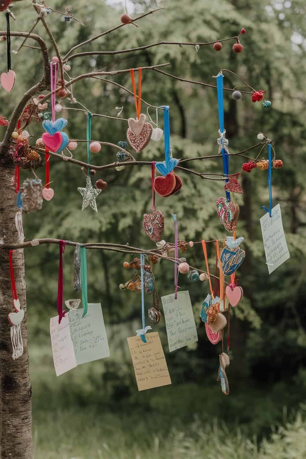 A wishing tree decorated with colorful ornaments and notes, symbolizing hopes for the New Year.