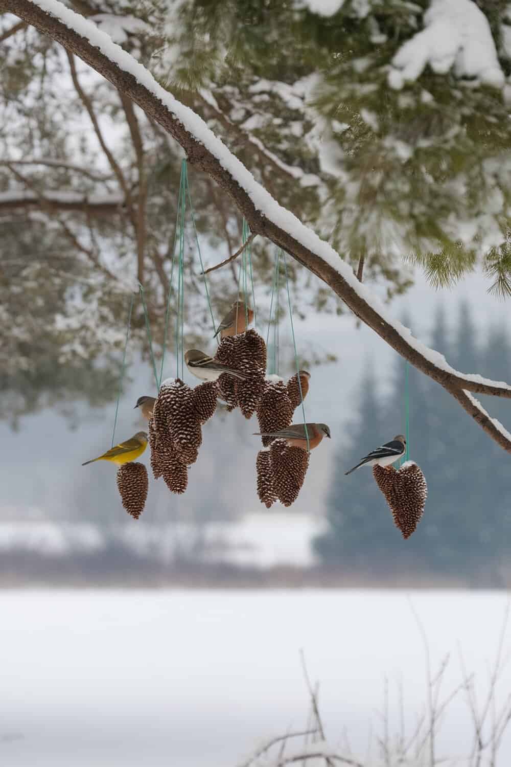 Pinecone bird feeders hanging from a tree with birds feeding on them in a snowy outdoor setting.