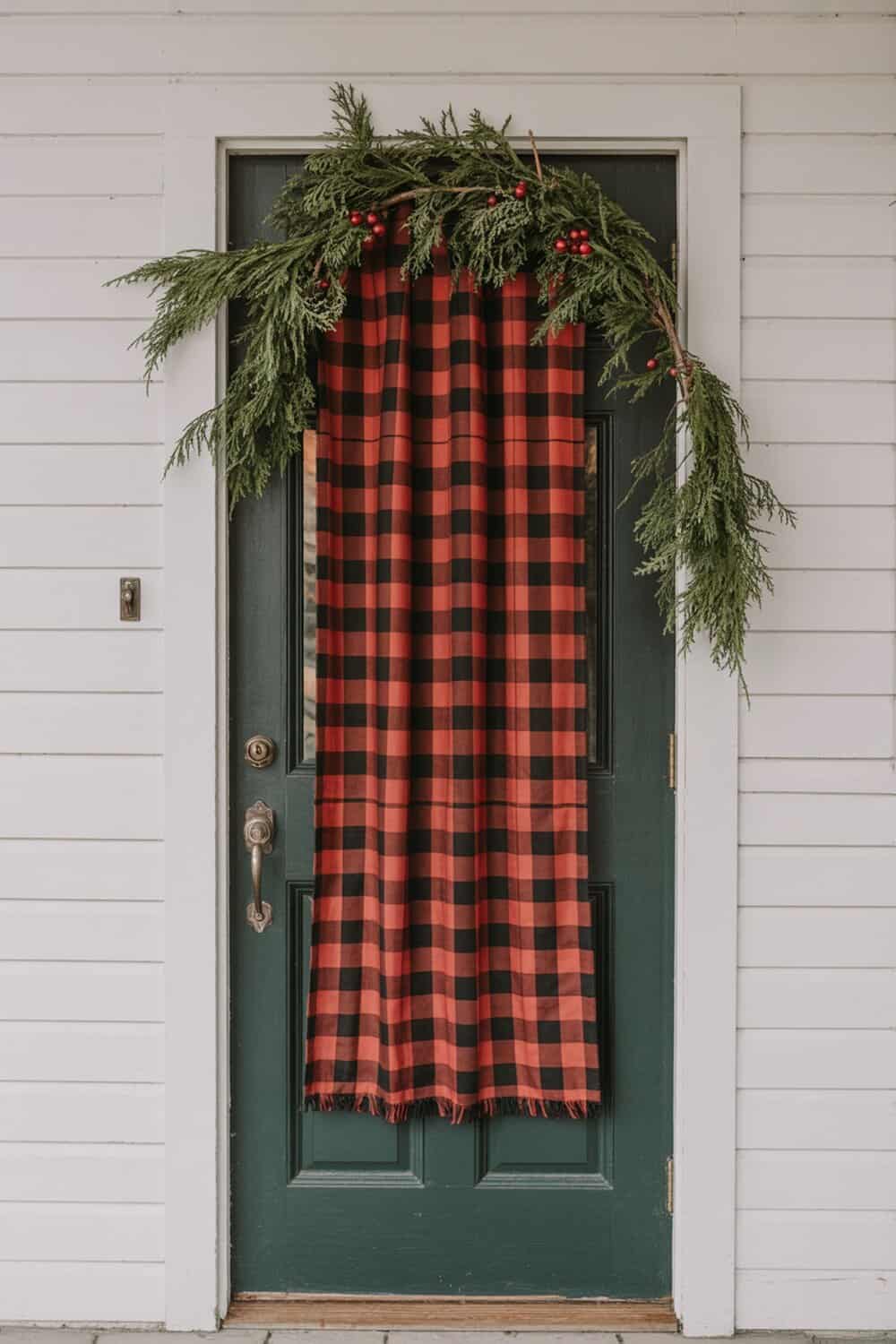 A green door decorated with a lumberjack plaid curtain and greenery.