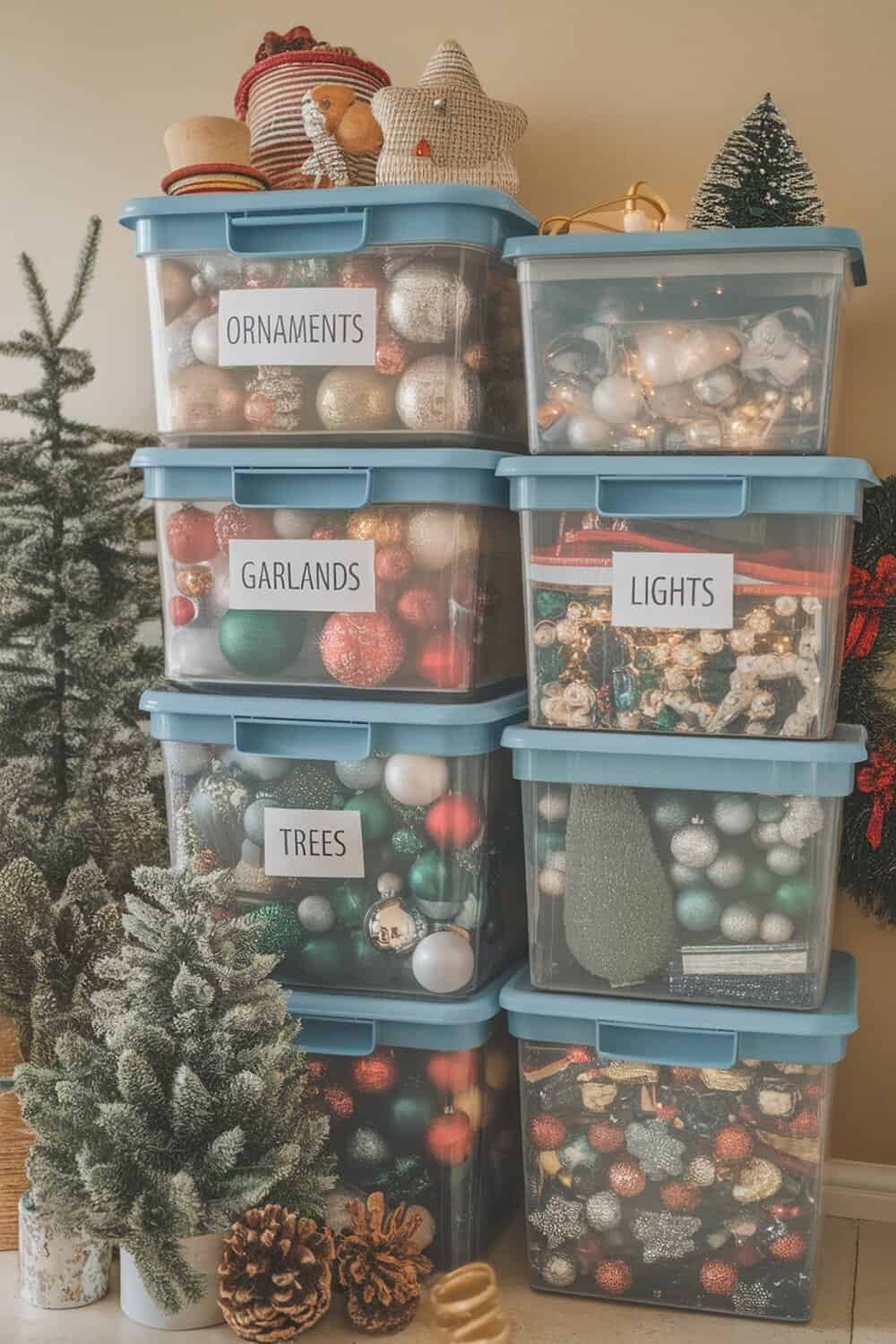 Stackable storage containers labeled for ornaments, garlands, lights, and trees, organized for Christmas storage.