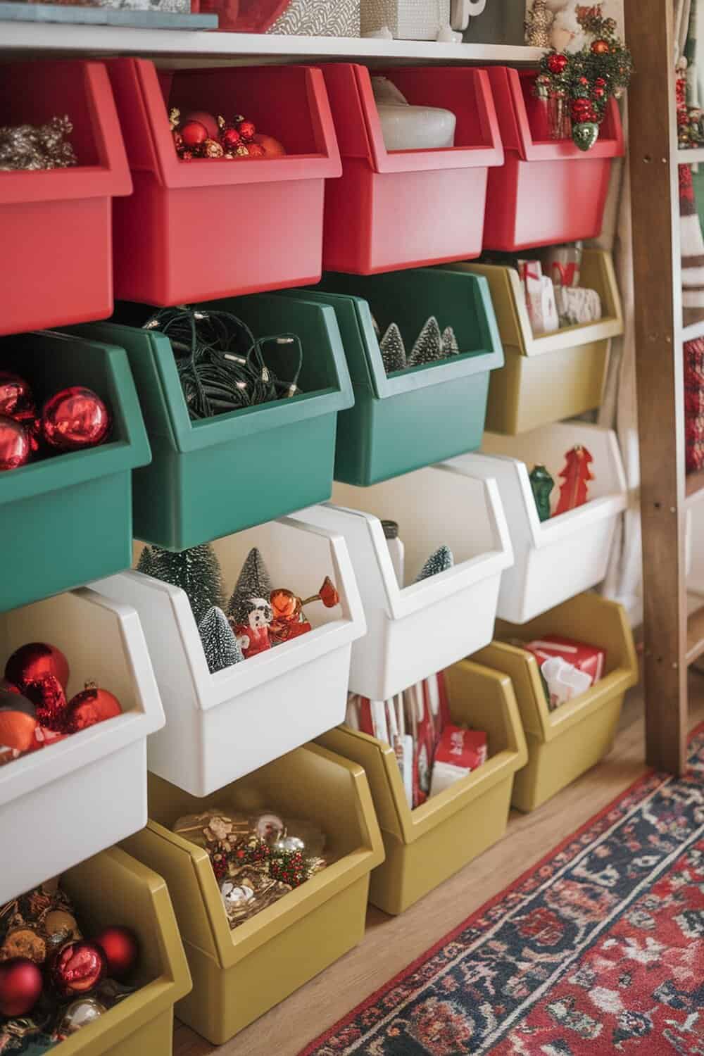 Color-coded storage bins for Christmas decorations.