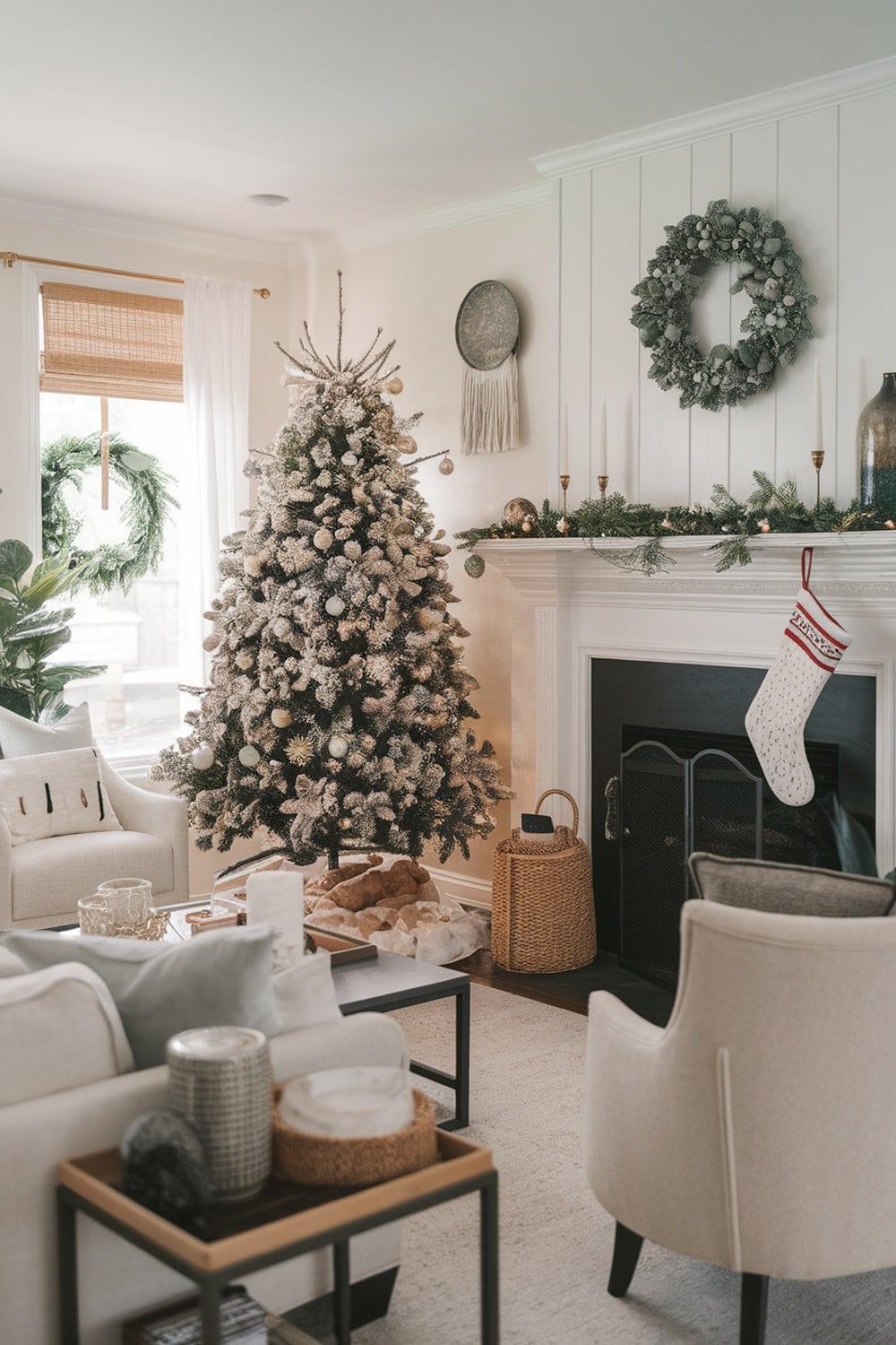 A cozy living room decorated for Christmas with a tree, wreath, and festive decor.
