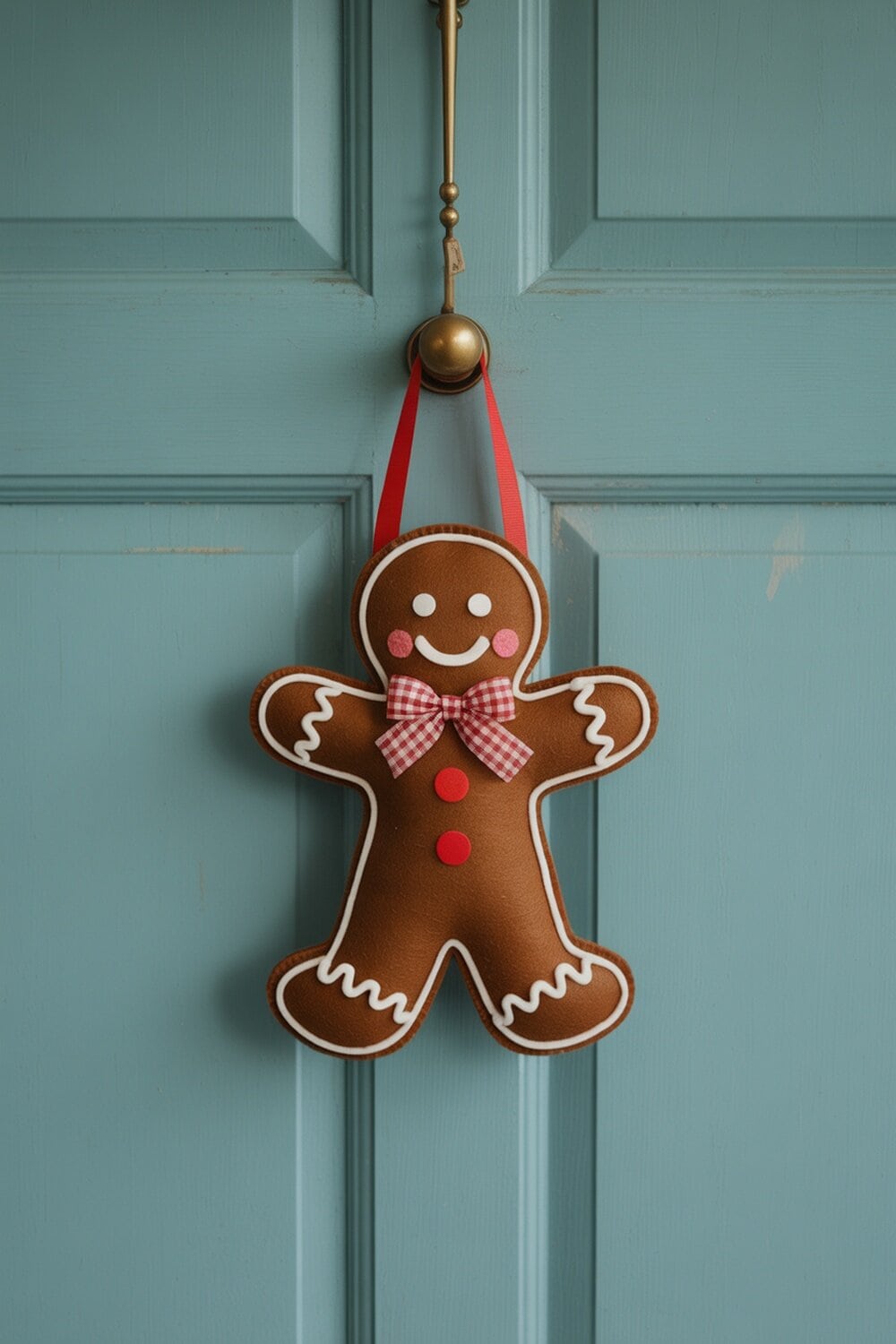 A gingerbread man door hanger with a smile and a bow, hanging on a blue door.