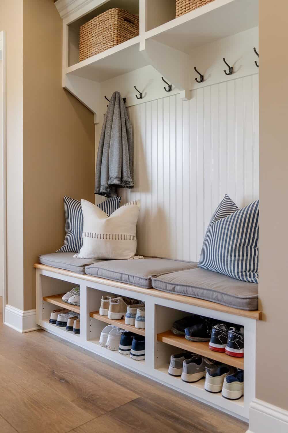 A stylish mudroom with a storage bench, pillows, and shoe storage.