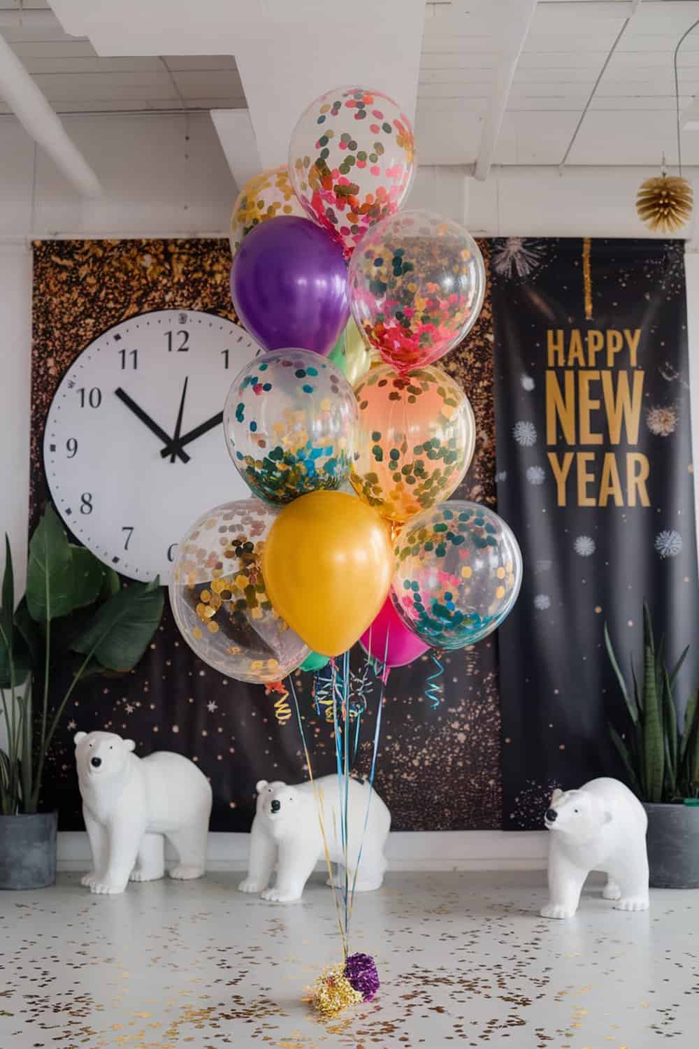 A bunch of colorful confetti-filled balloons in a festive setting.