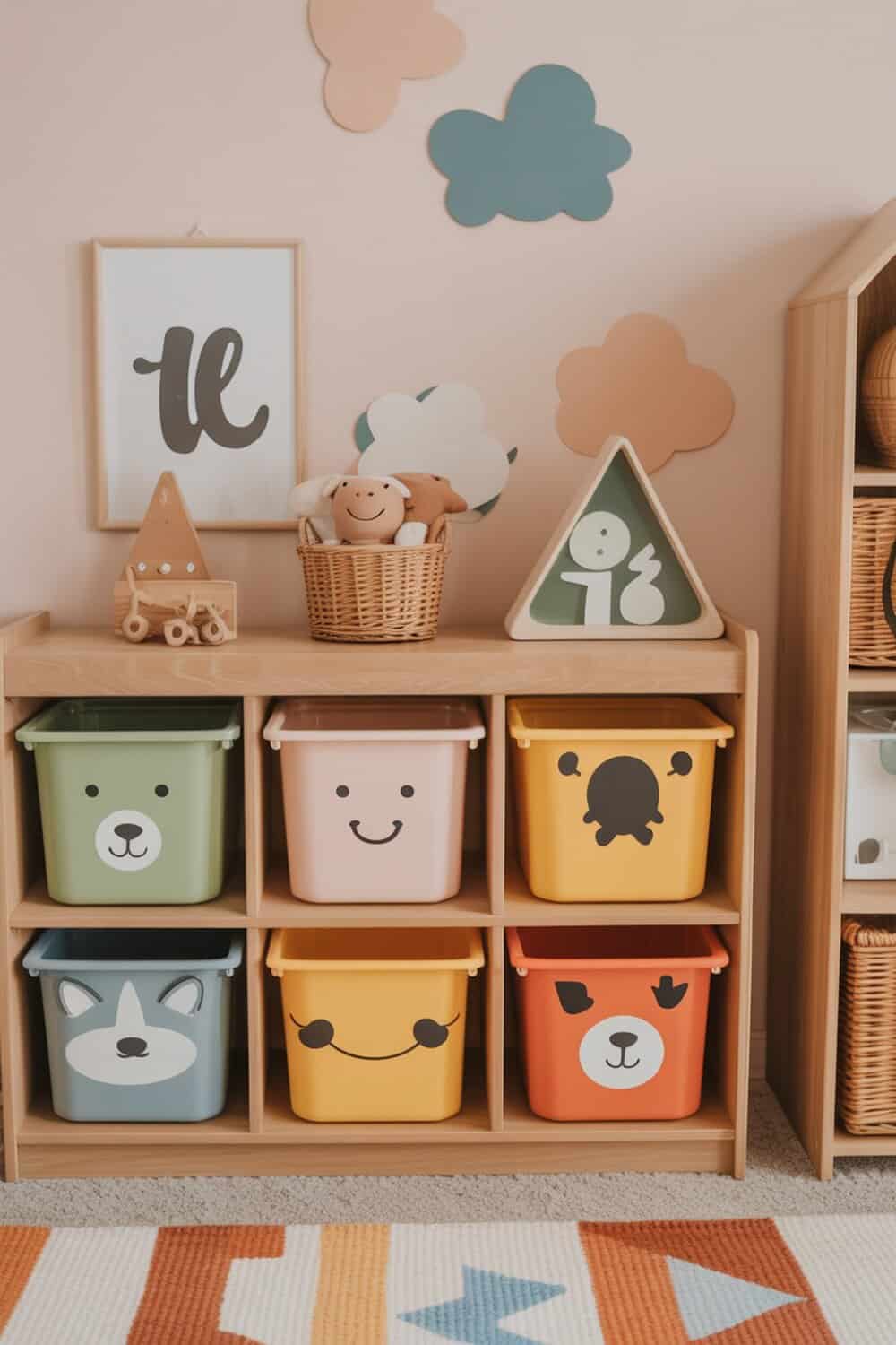 Colorful storage bins with animal faces in a kids' room.