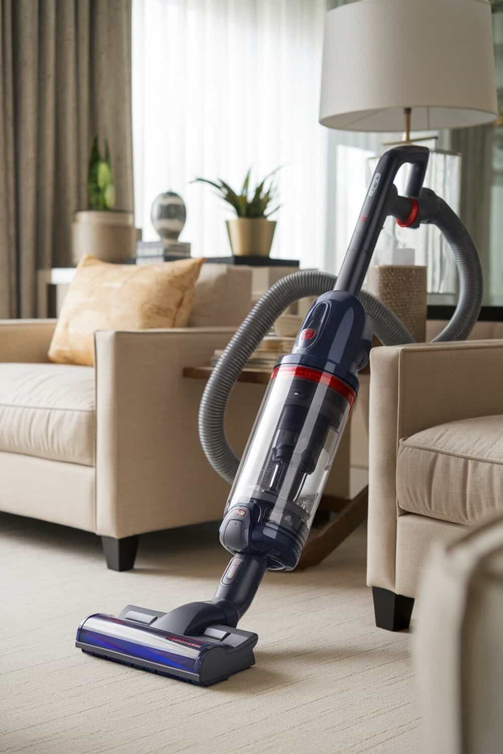 A vacuum cleaner with attachments positioned next to a beige sofa in a well-lit living room.