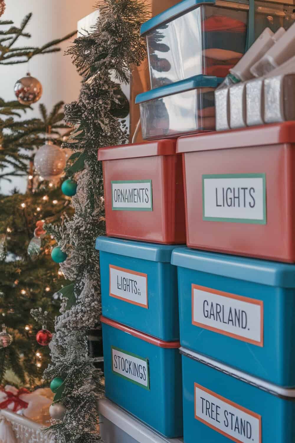 Colorful storage bins labeled with Christmas items like ornaments, lights, and stockings.