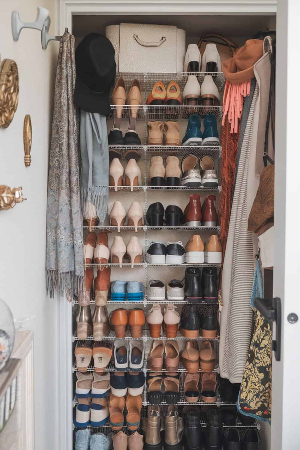 Organized shoe storage in a mudroom with over-the-door organizers.