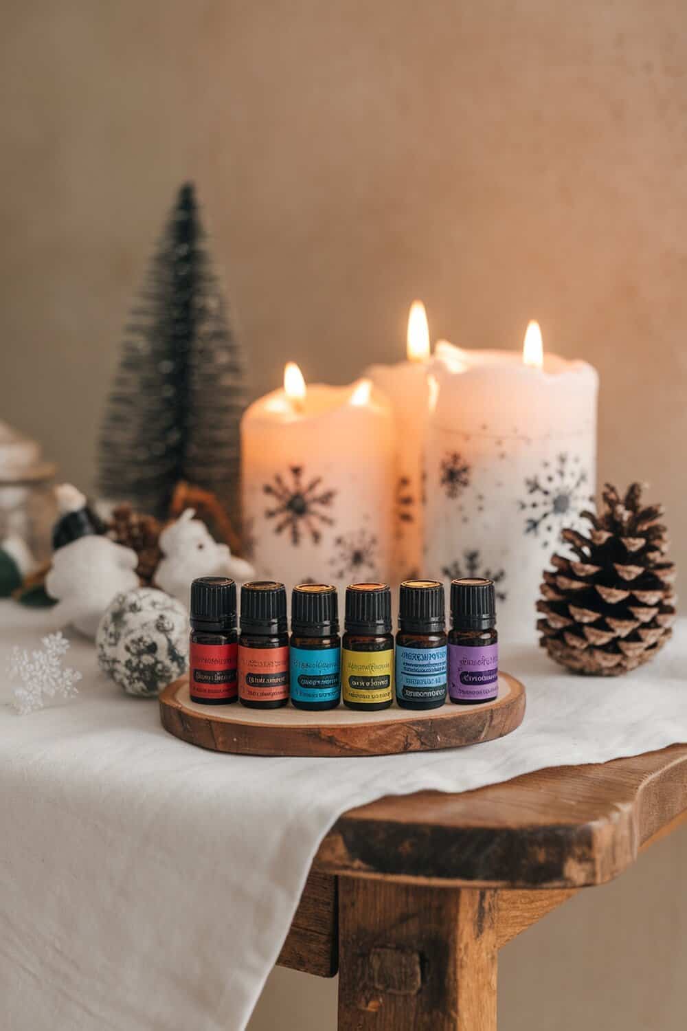 A collection of essential oils displayed with candles and pinecones, creating a cozy winter atmosphere.