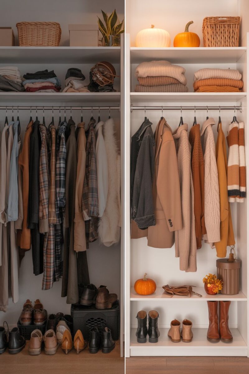 Before and after images of a decluttered wardrobe.
